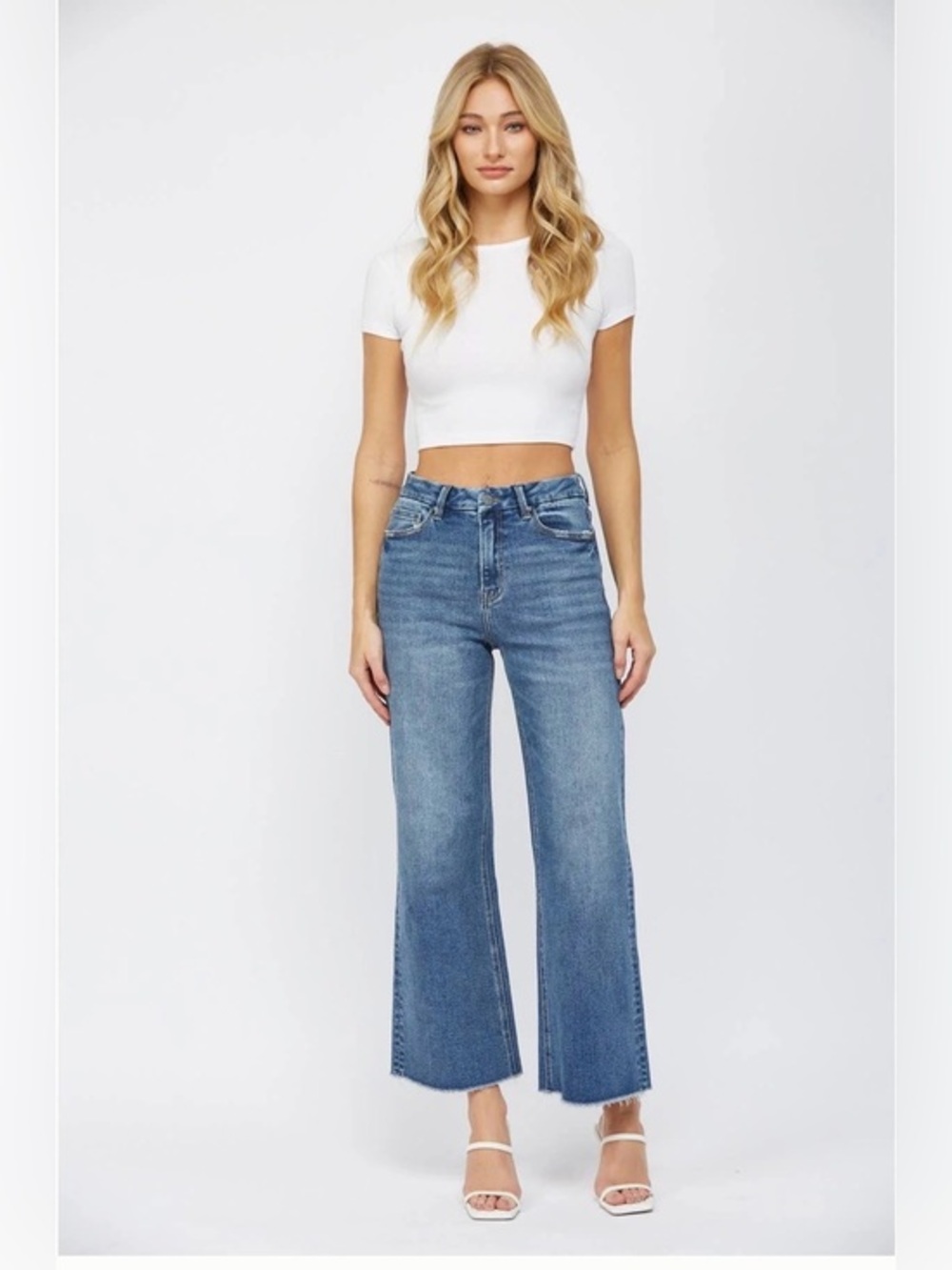 Mica Los Angeles High Waist Wide Leg Jeans Size 25 Blue Jay Raw Hem Denim
